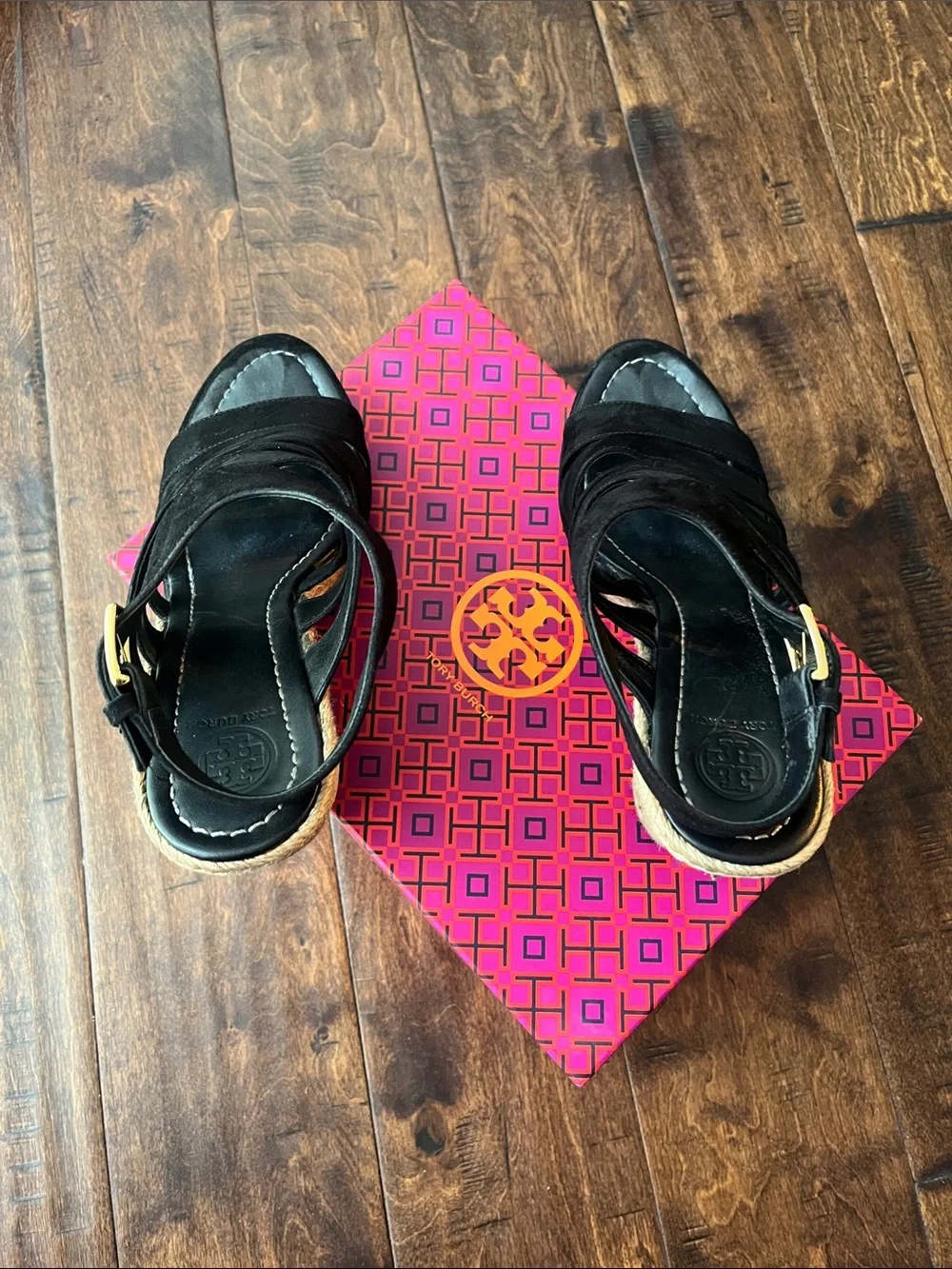 Tory Burch Black Strappy Suede Wedge Sandals with Ankle Buckle